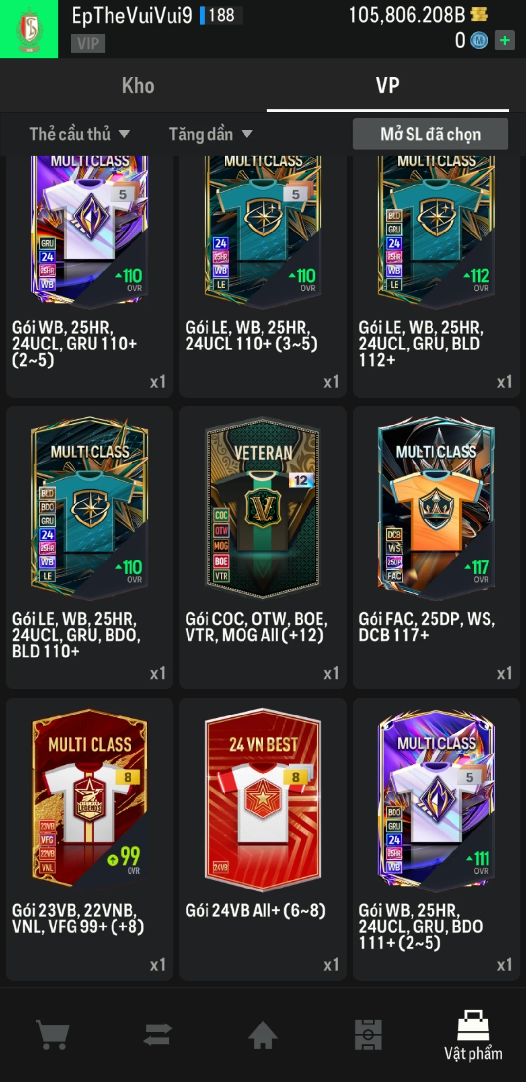 Ảnh ACC mở thẻ (LOẠI SVIP PROMAX) bao gồm có 01 thẻ +12, 03 thẻ PRIME (QH+, CP+, XS+) và hơn 1500+ đến 1600+ thẻ cầu thủ từ Siêu sao đến Miền núi các loại. Acc có sẵn BP trắng từ 90.000 tỷ BP đến 110.000 tỷ BP kèm theo nhiều ngày SVIP